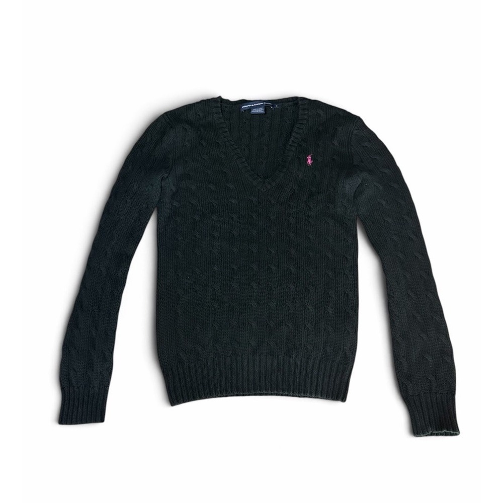 Ralph Lauren Sport Cable Knit Sweater Women's Med. Black V Neck Preppy Old Money